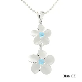 Sterling Silver 8-10mm Plumeria with Blue CZ Sandblast Finish Pendant (Chain Sold Separately)