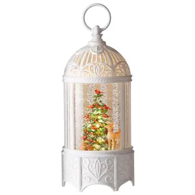 10.25" Cardinal Christmas Tree with Deer in White Bird Cage Lighted Glitter Swirl Water Lantern