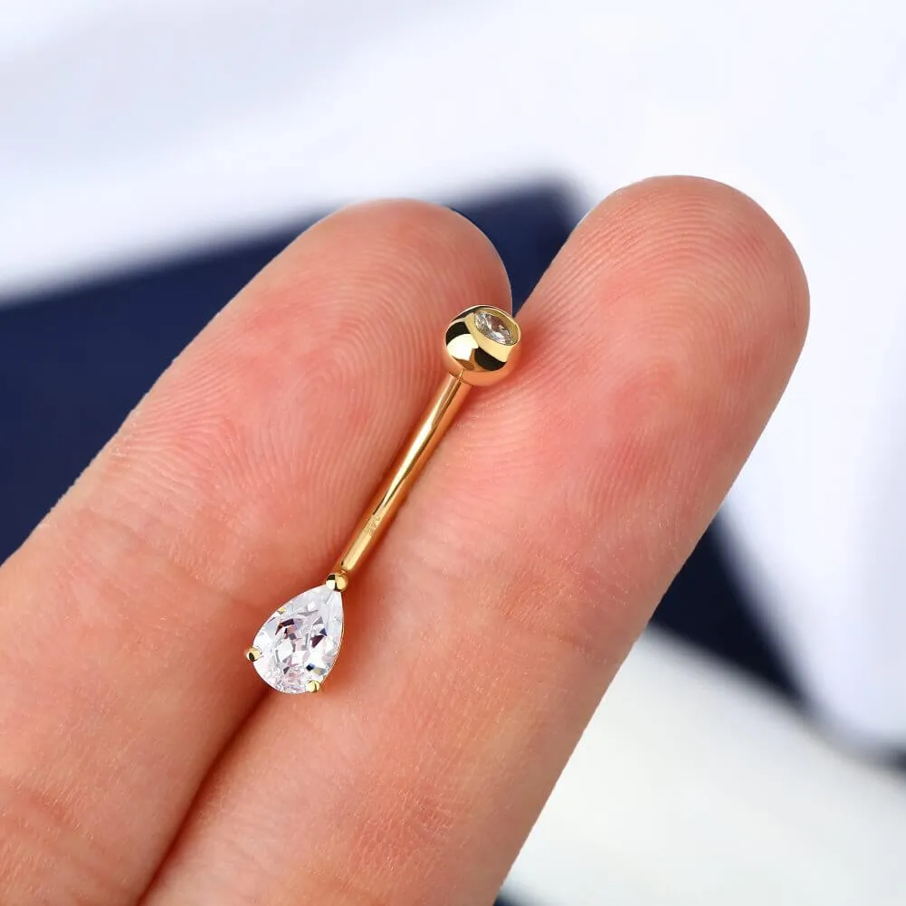 14K Gold Belly Rings 14G Solitaire Teardrop CZ Navel Ring