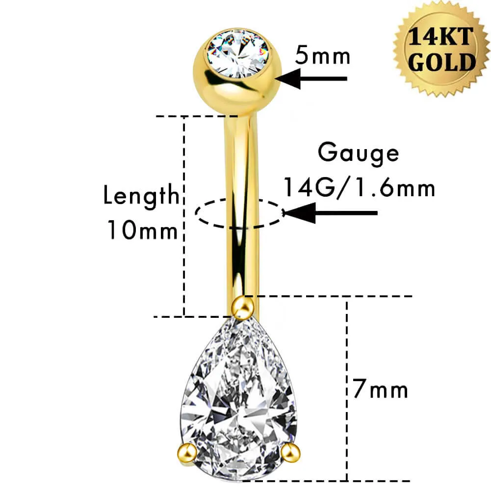 14K Gold Belly Rings 14G Solitaire Teardrop CZ Navel Ring