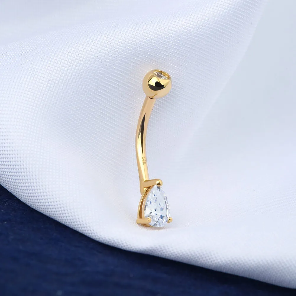 14K Gold Belly Rings 14G Solitaire Teardrop CZ Navel Ring