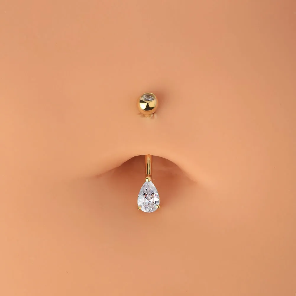 14K Gold Belly Rings 14G Solitaire Teardrop CZ Navel Ring