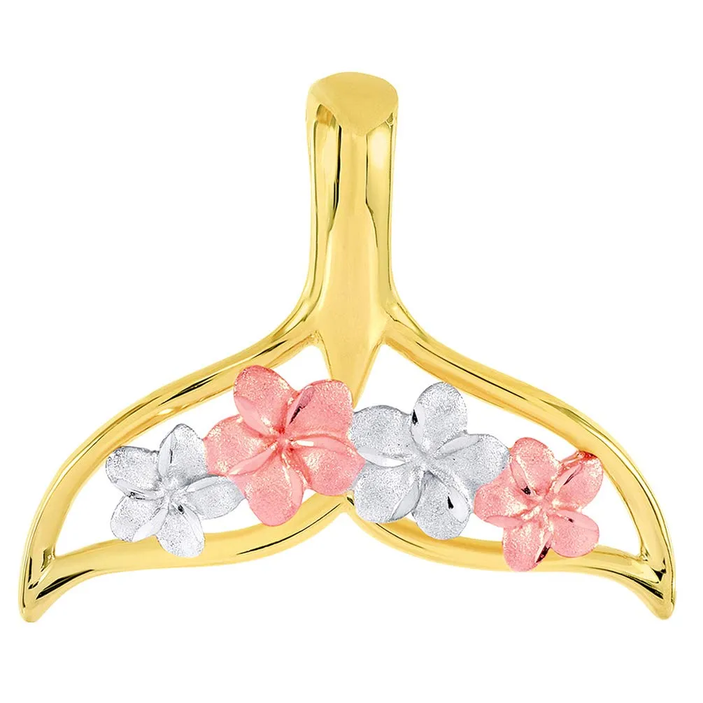 14k Gold Open Tri-Tone Whale Tail with Hawaiian Plumeria Flower Pendant Necklace - Yellow and Rose Gold