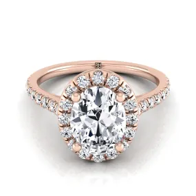 14K Rose Gold Oval Classic French Pave Halo and Linear Engagement Ring -3/8ctw