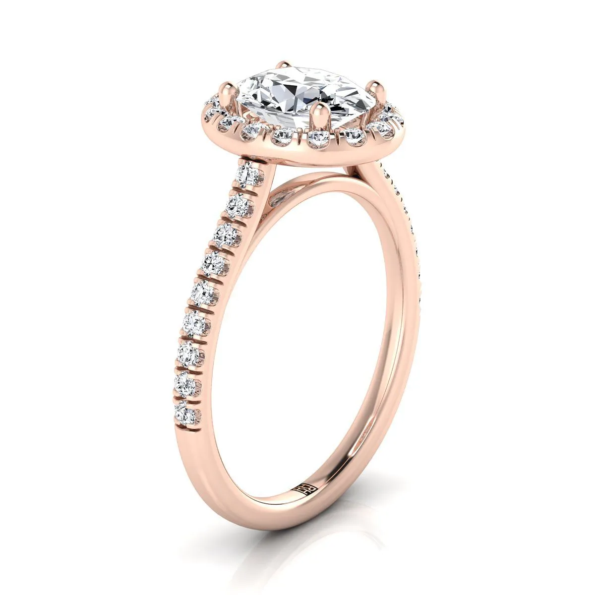 14K Rose Gold Oval Classic French Pave Halo and Linear Engagement Ring -3/8ctw