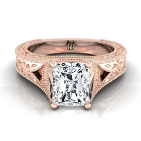 14K Rose Gold Radiant Cut Center  Hand Engraved and Milgrain Vintage Solitaire Engagement Ring