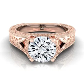 14K Rose Gold Round Brilliant  Hand Engraved and Milgrain Vintage Solitaire Engagement Ring