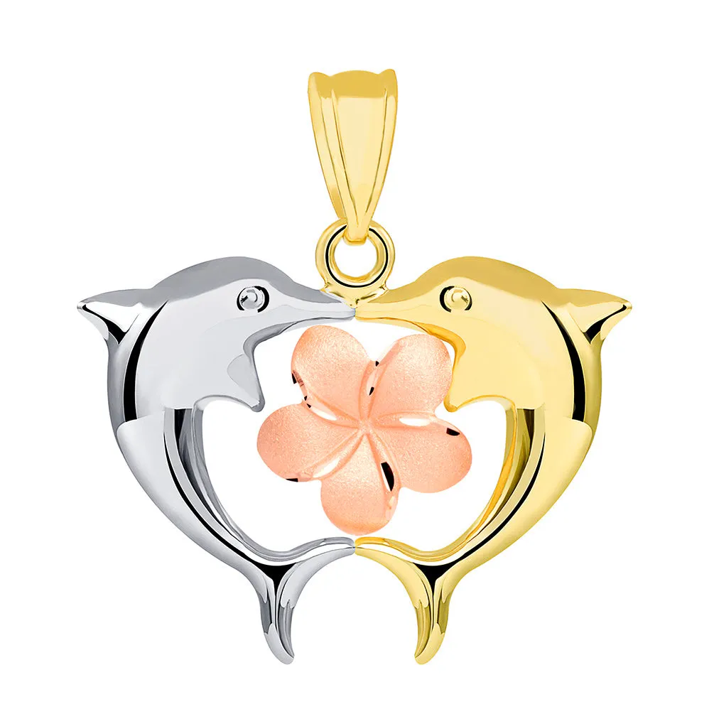 14k Tri Color Gold High Polish Kissing Dolphins with Hawaiian Plumeria Flower Pendant Cuban Necklace