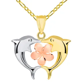 14k Tri Color Gold High Polish Kissing Dolphins with Hawaiian Plumeria Flower Pendant Figaro Necklace