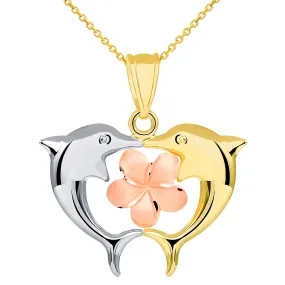 14k Tri Color Gold High Polish Kissing Dolphins with Hawaiian Plumeria Flower Pendant Necklace