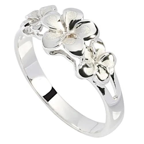 14K White Gold Triple Plumeria Ring Sandblast Polish Edge (S)