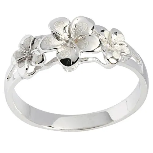 14K White Gold Triple Plumeria Ring Sandblast Polish Edge (S)