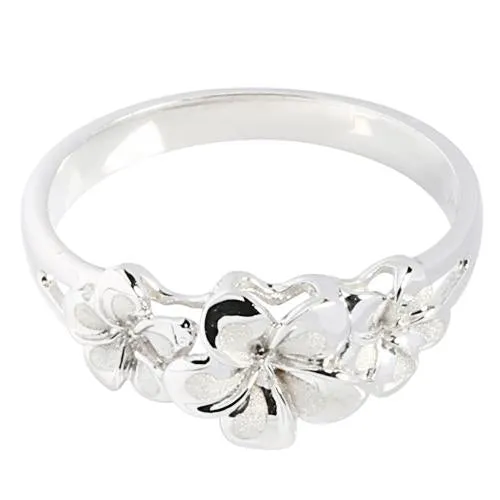 14K White Gold Triple Plumeria Ring Sandblast Polish Edge (S)