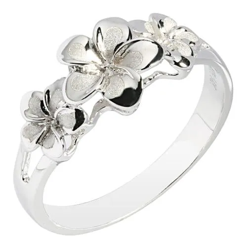 14K White Gold Triple Plumeria Ring Sandblast Polish Edge (S)