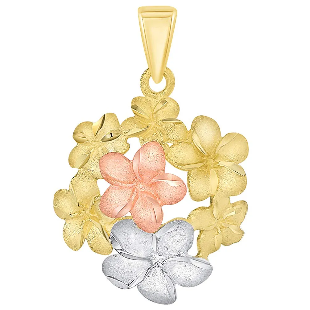 14k Yellow and Rose Gold Bouquet of Tri-Tone Hawaiian Plumeria Flower Pendant with Curb Chain Necklace