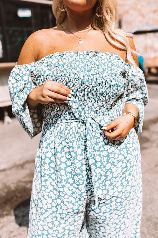 Always Dreaming Smocked Jumpsuit in Teal Curves