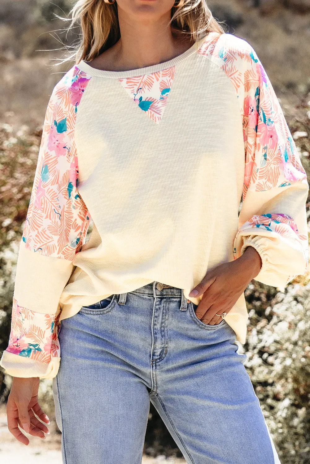 Apricot Textured Floral Patchwork Balloon Sleeve Blouse