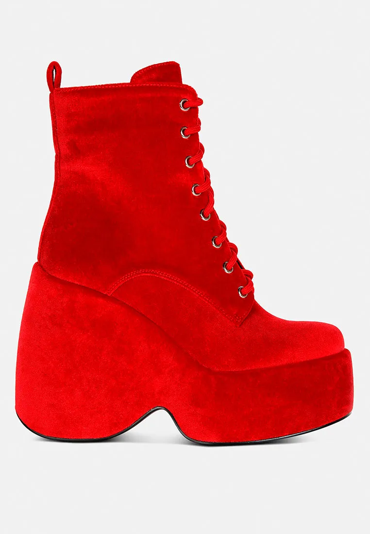 ASHCAN Red High Platform Velvet Ankle Boots