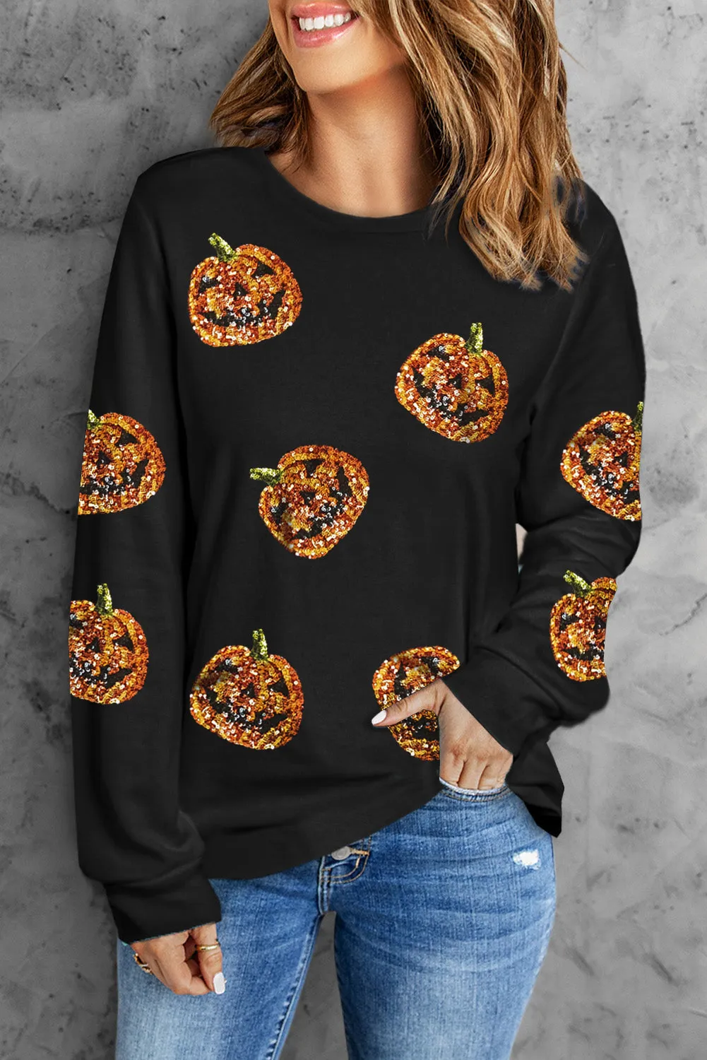 Black Halloween Sequin Pumpkin Face Pullover Long Sleeve Top