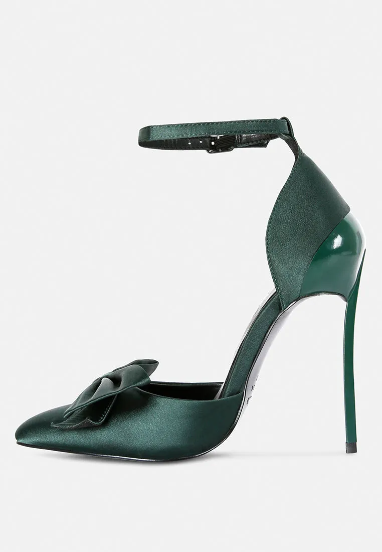 DINGLES Green Bow Embellished Satin Stiletto Sandals