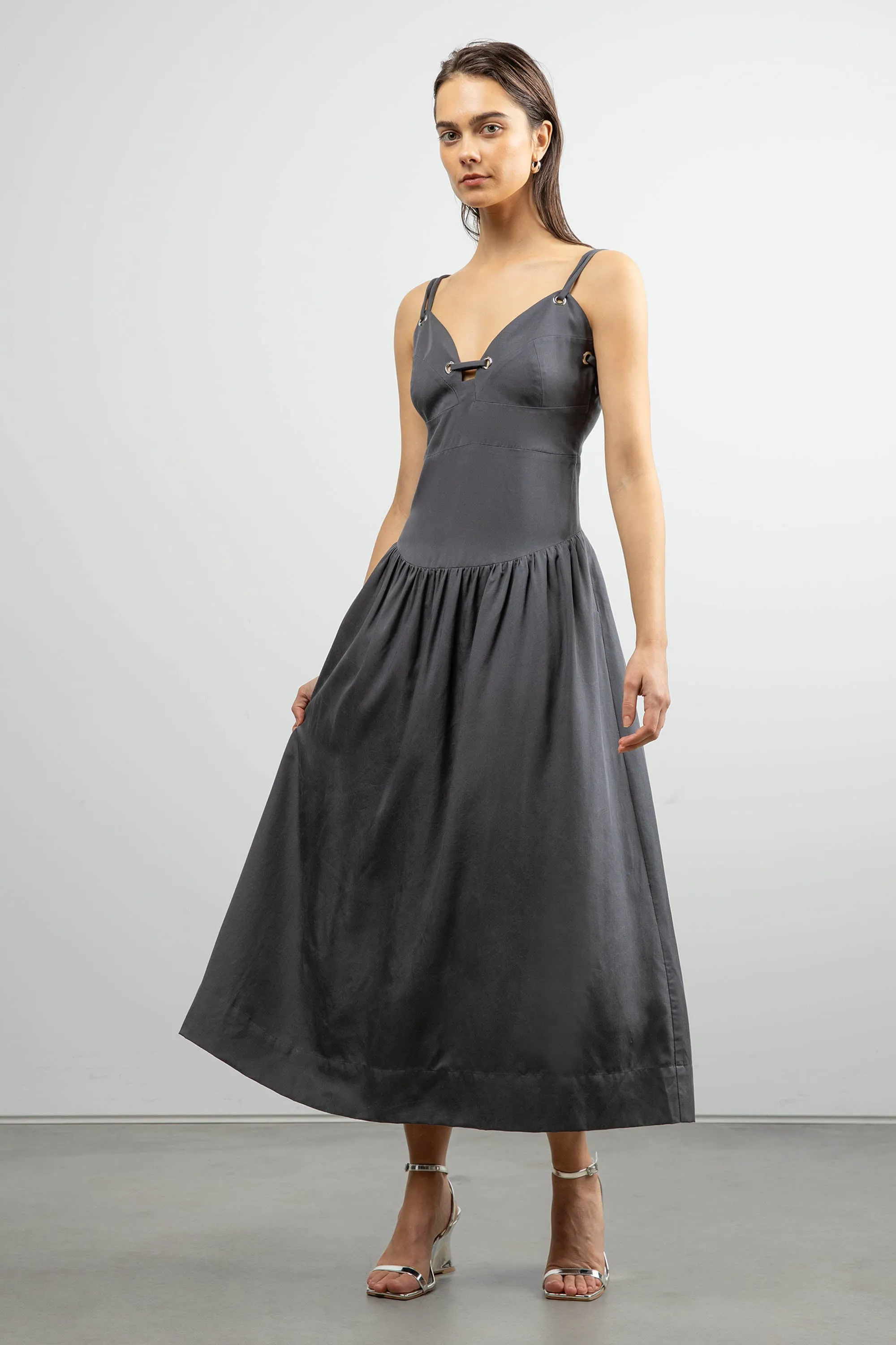 DROP-WAIST DRESS WITH METAL EYELETS