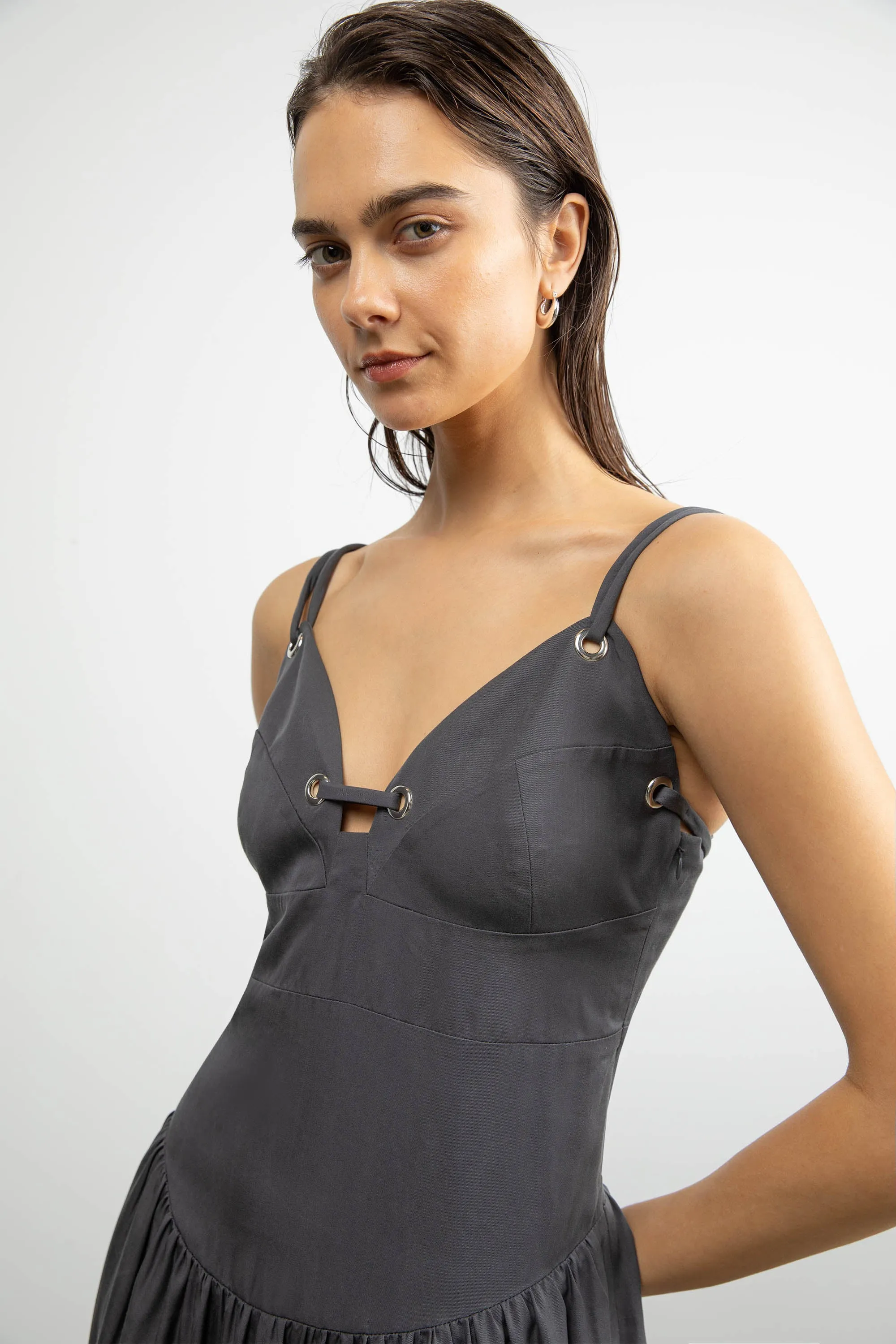 DROP-WAIST DRESS WITH METAL EYELETS