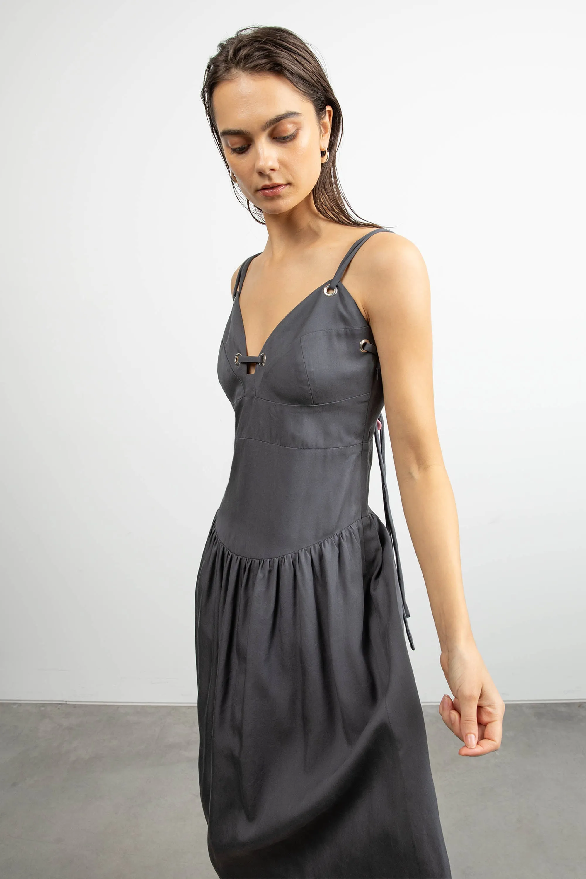 DROP-WAIST DRESS WITH METAL EYELETS