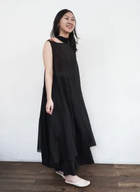 Fig Long Cotton Silk Split Áo dài Tunic/Dress w/ Bow in Black