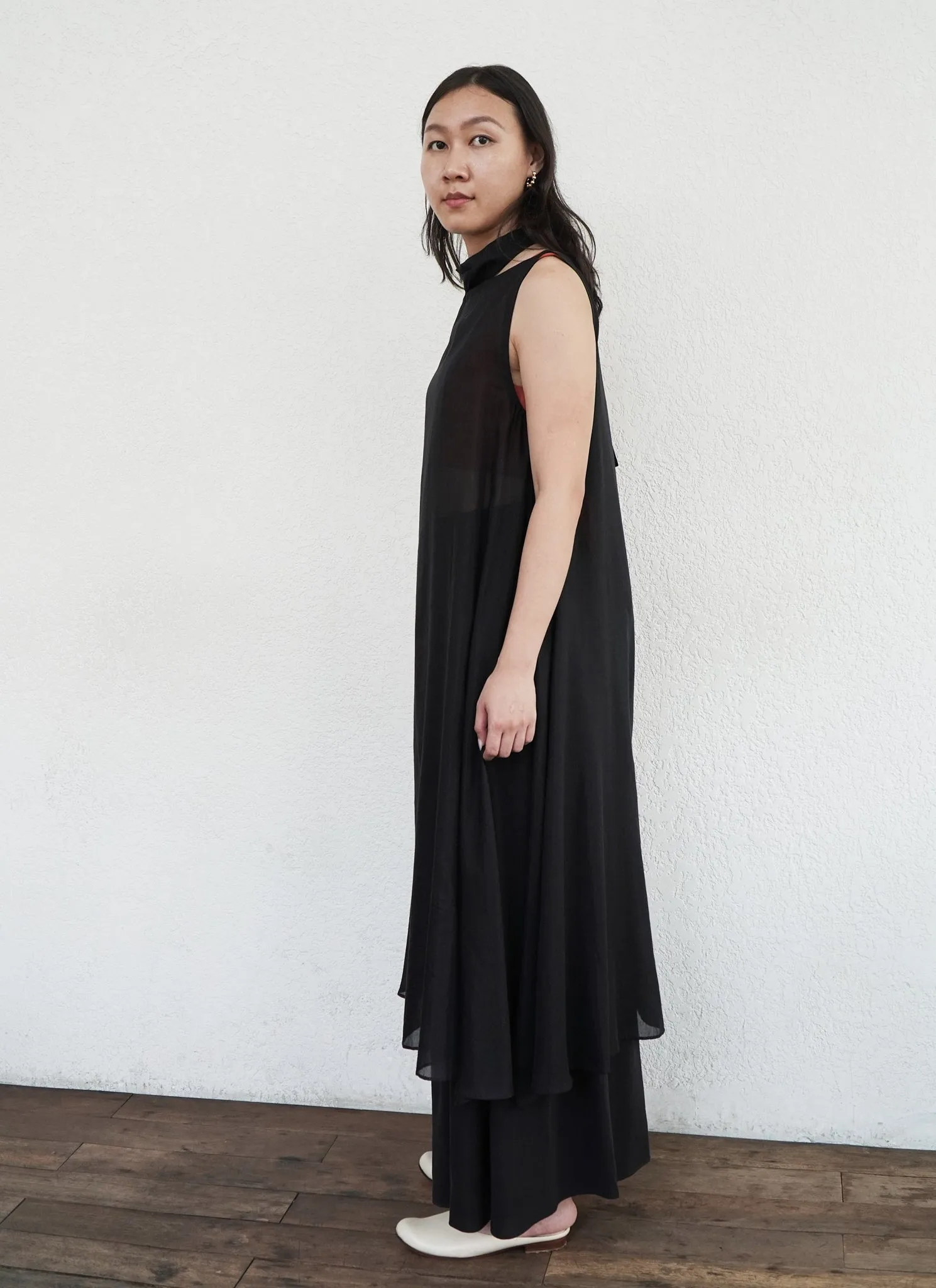 Fig Long Cotton Silk Split Áo dài Tunic/Dress w/ Bow in Black