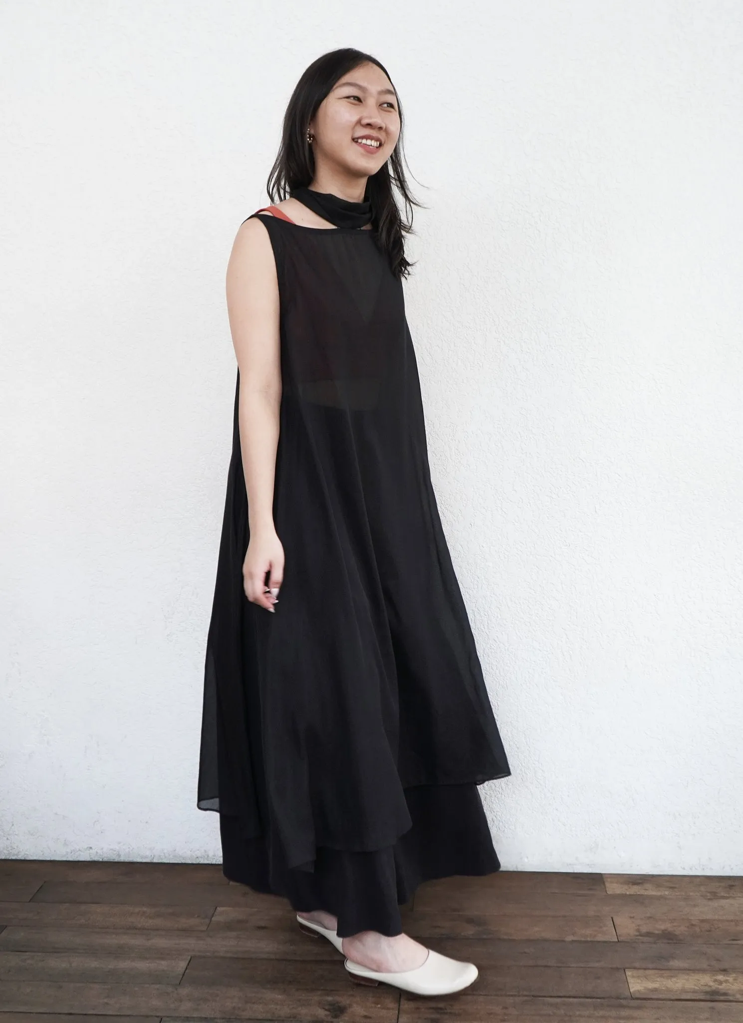 Fig Long Cotton Silk Split Áo dài Tunic/Dress w/ Bow in Black