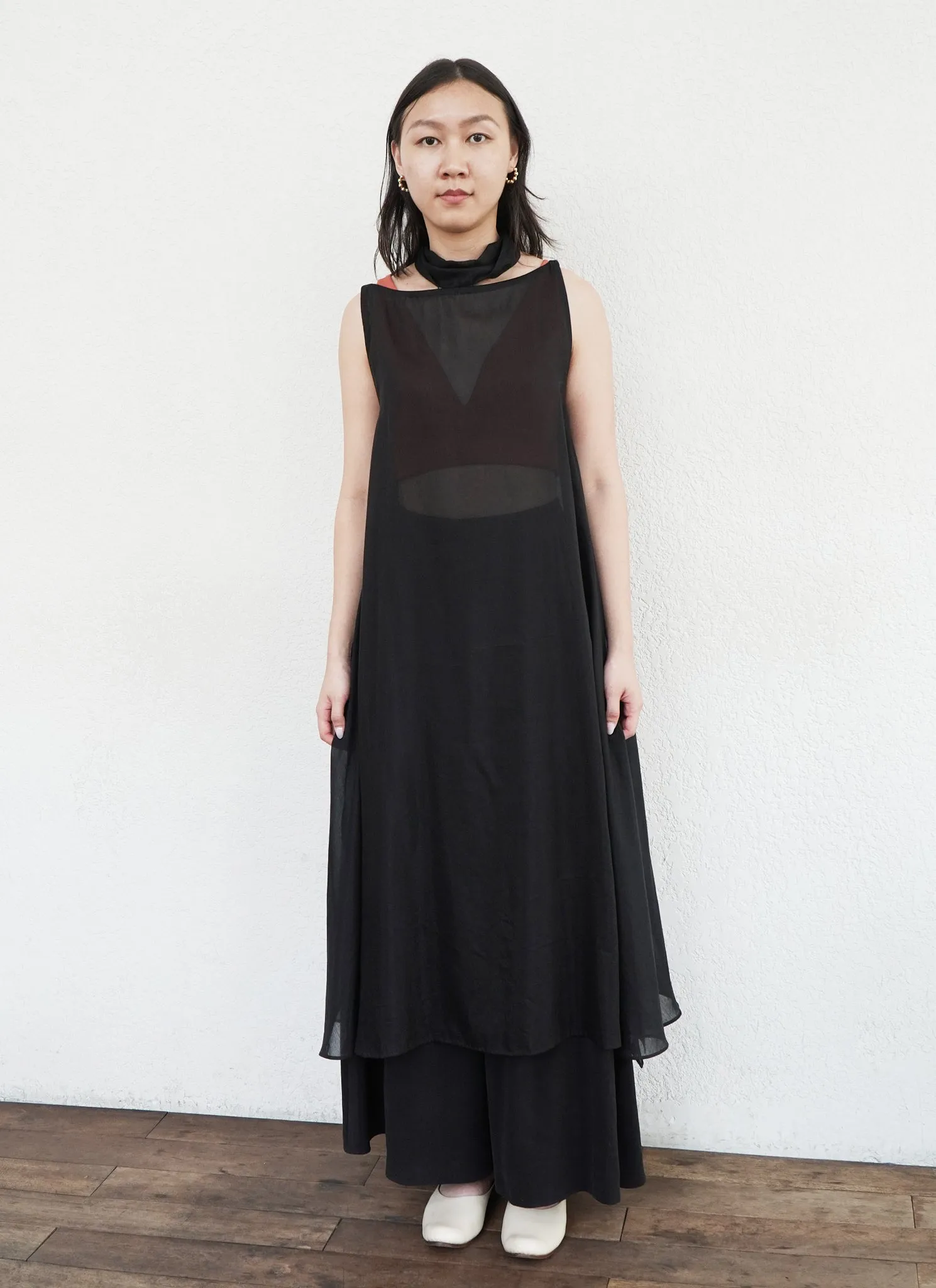 Fig Long Cotton Silk Split Áo dài Tunic/Dress w/ Bow in Black