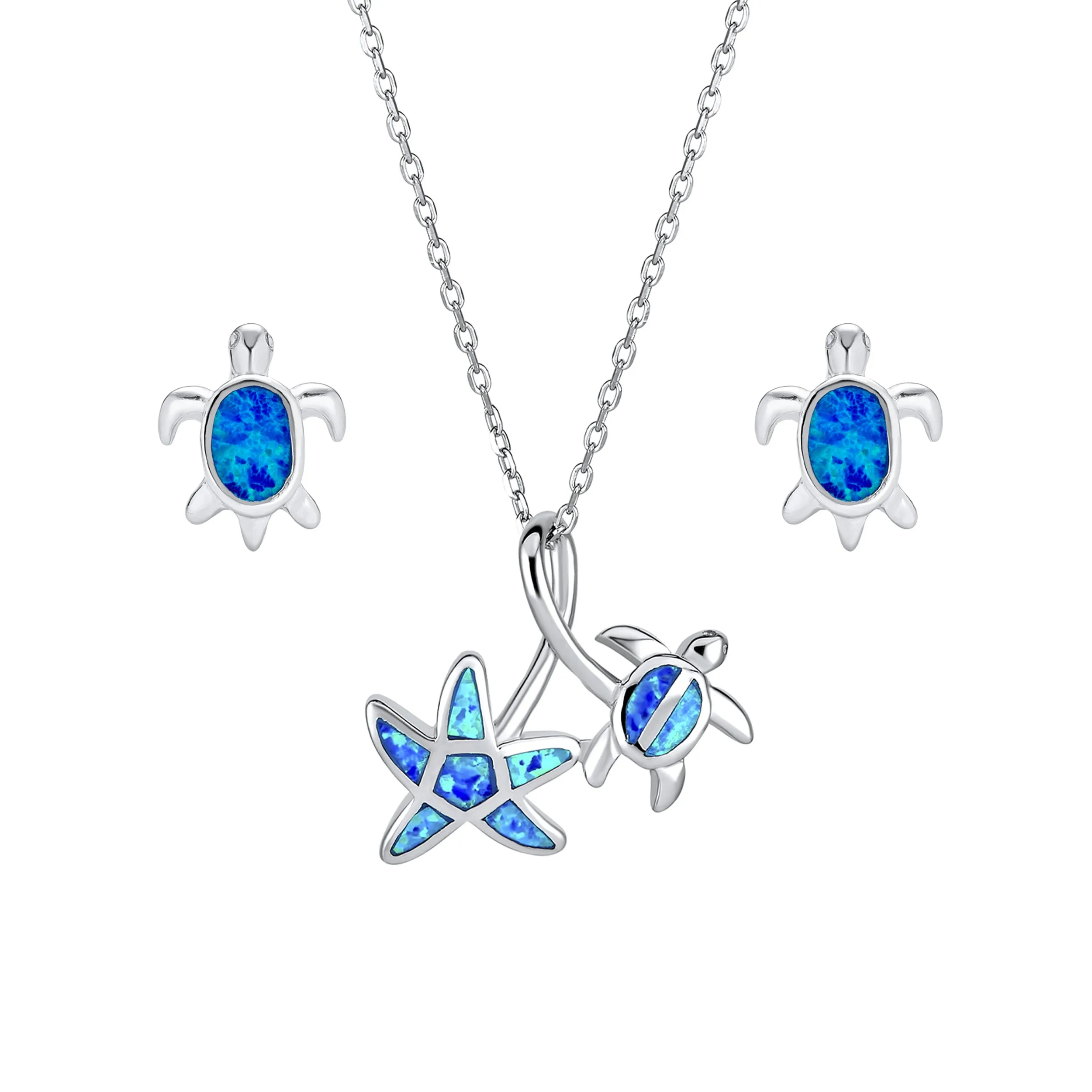 Flower Blue Green Opal Starfish Turtle Pendant Necklace .925 Silver