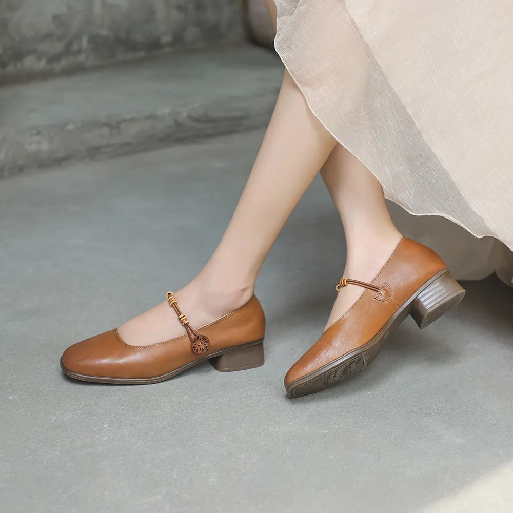 Genuine Leather Square Toe Block Heels Mary Jane Designer Shoes Coffee/Brown