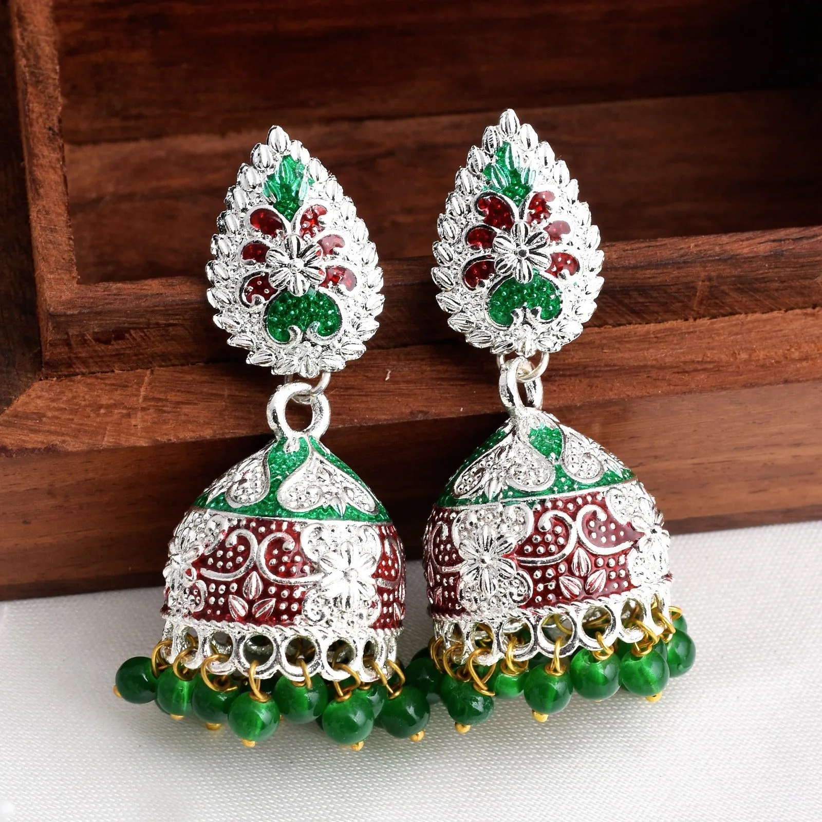 Green & Red mix Shiny Silver Enamel Jhumki Earrings