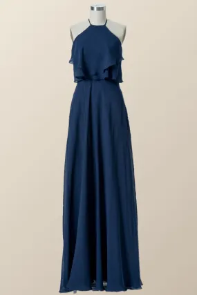 Halter Navy Blue Chiffon Long Bridesmaid Dress