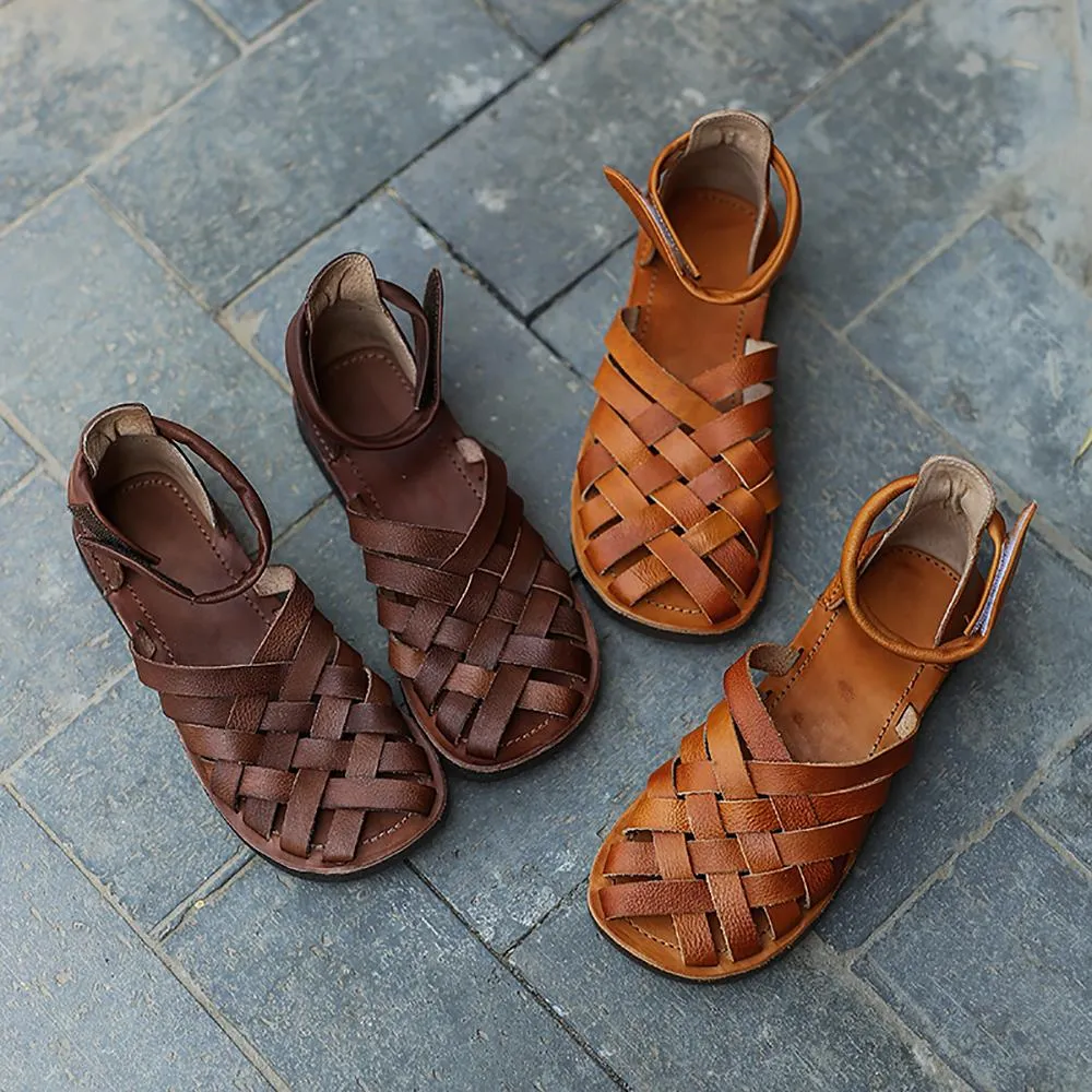 Handmade Leather Gladiator Sandals Women Flat Flip Flops Knitting Sandals Camel/Coffee