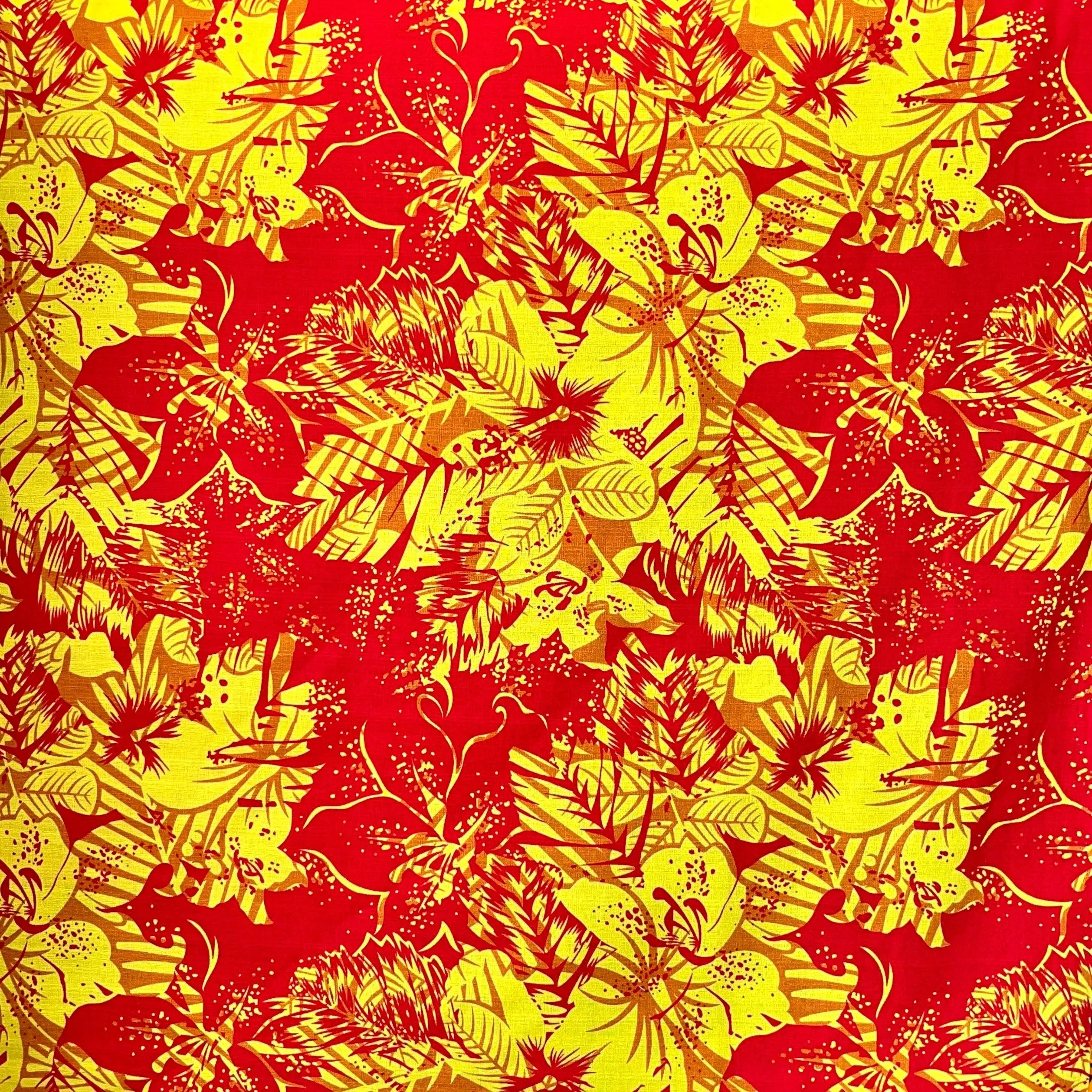 Hibiscus Plumeria Tropical Leaves Fabric | Cotton Light Barkcloth