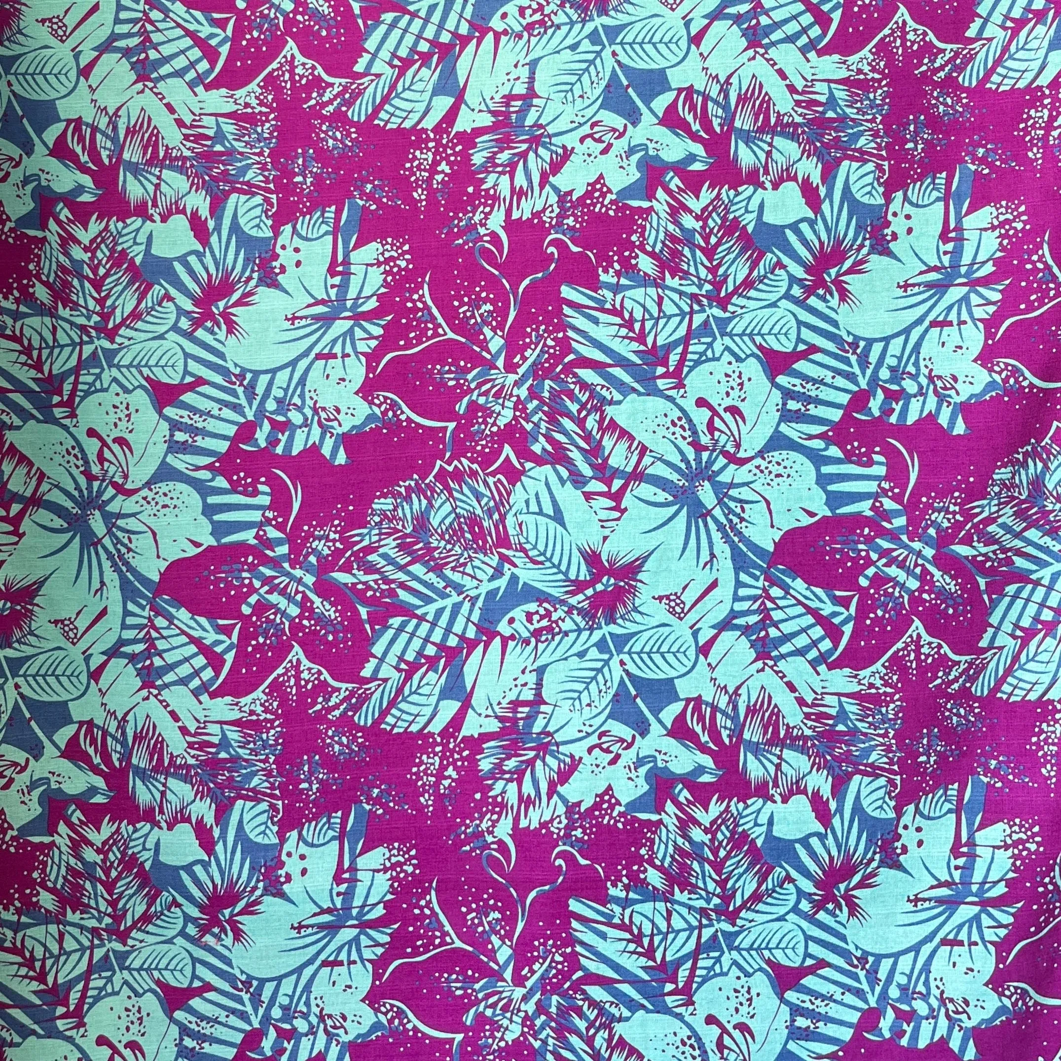 Hibiscus Plumeria Tropical Leaves Fabric | Cotton Light Barkcloth