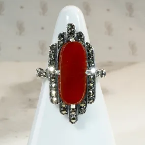 Jazz Age Carnelian Marcasite & Sterling Silver Ring