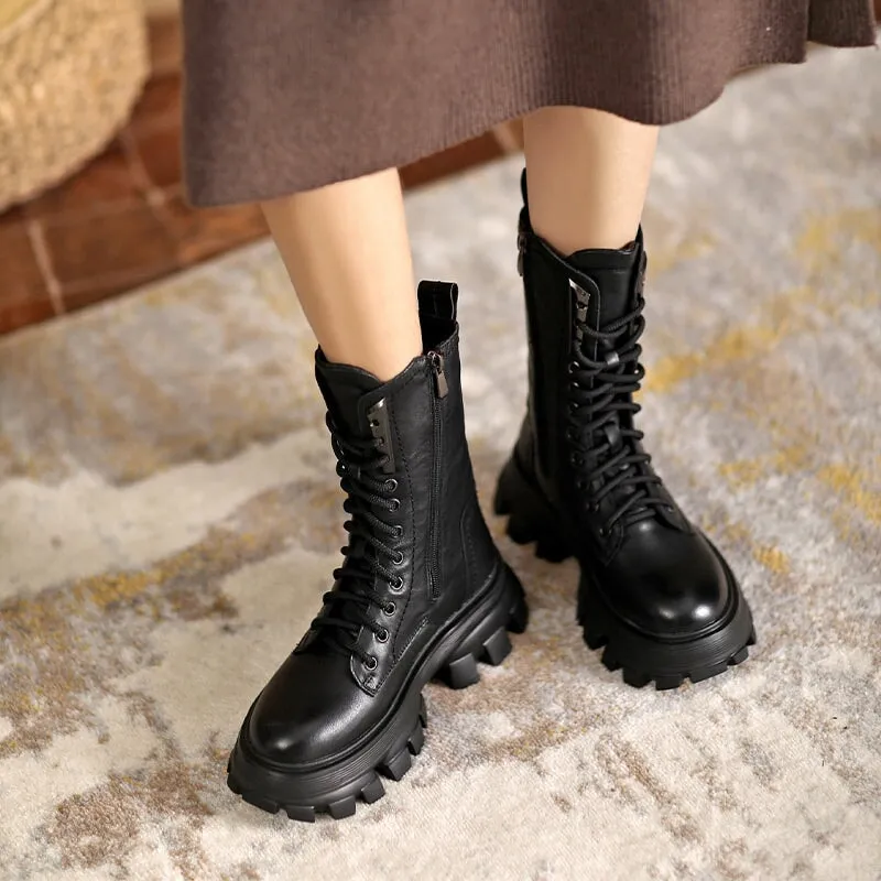 Lace-Up Combat Boots Women Biker Boots Retro Short Boots Handmade Genuine Leather Martin Boots