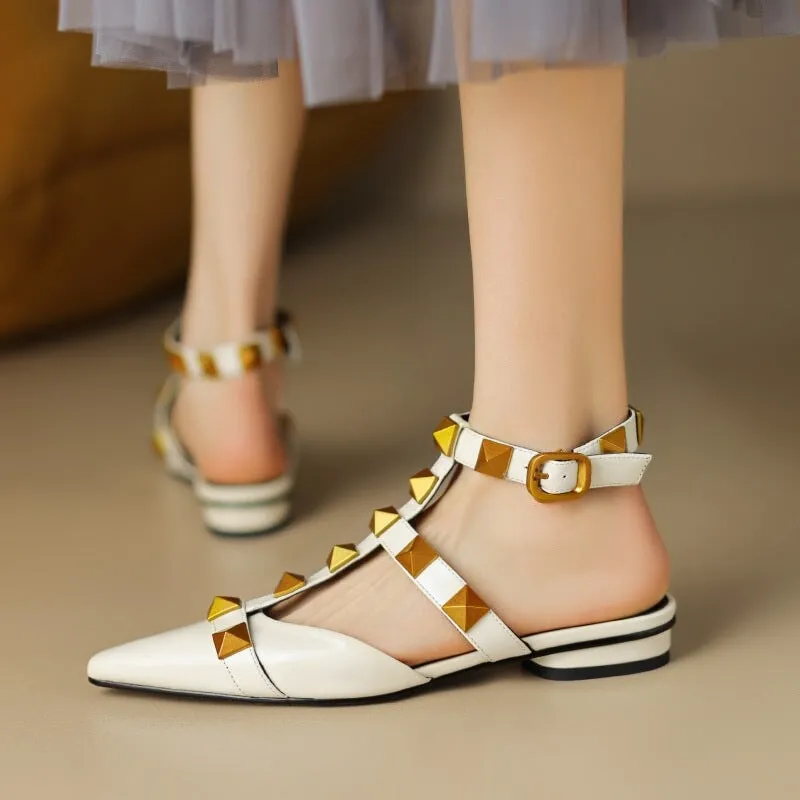 Leather T Strap Rockstud Ankle-strap Flat Sandals Point Toe Slingback in Golden/Beige/Black