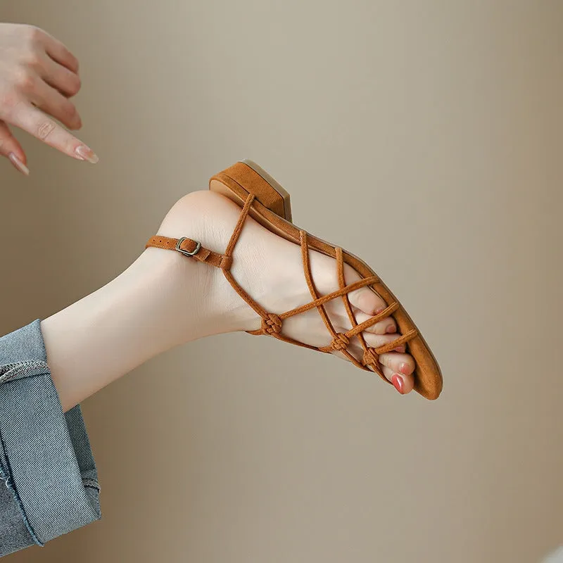 Leather Woven Gladiator Sandals in Brown/Black