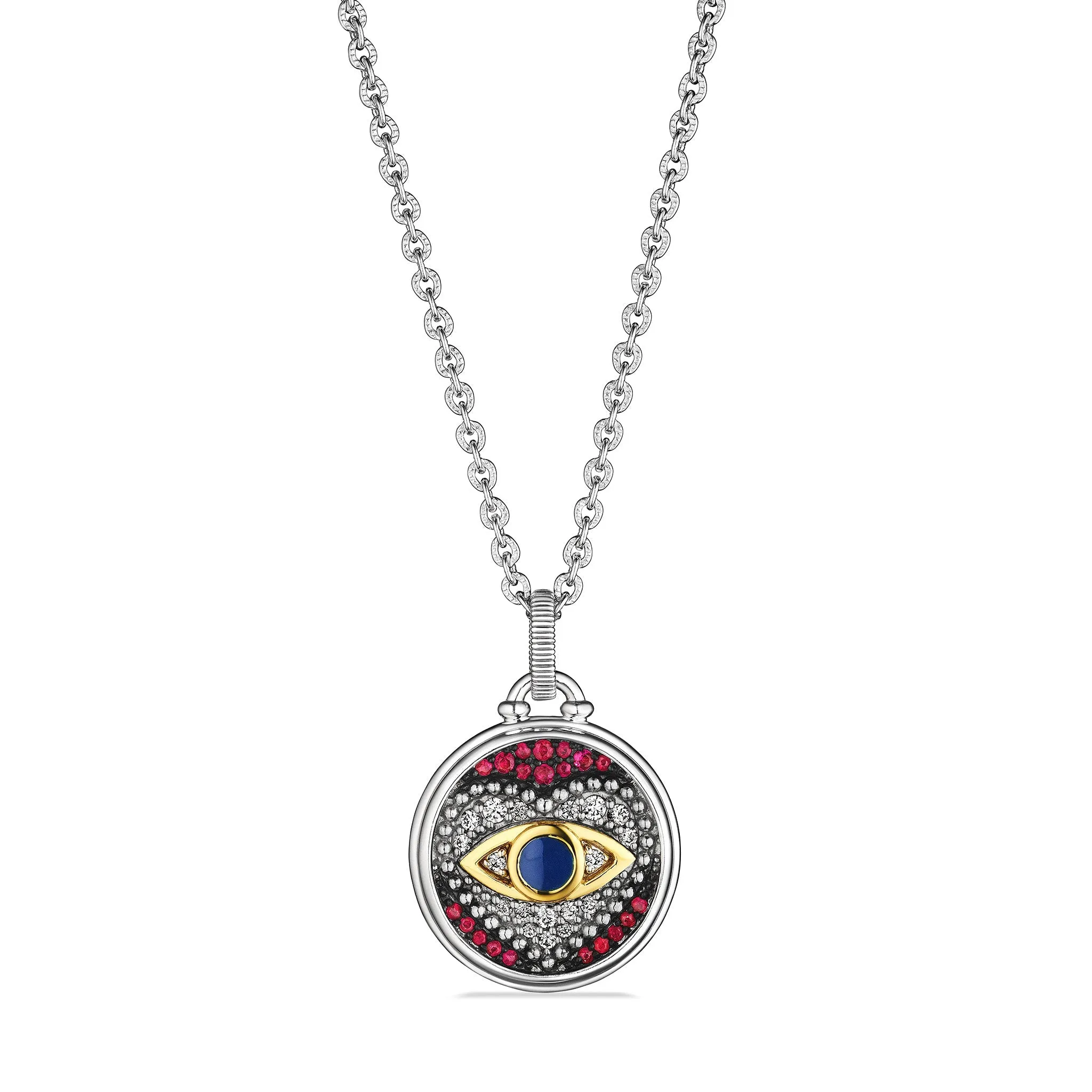 Little Luxuries Evil Eye Heart Medallion Necklace with Ruby, Diamonds and 18K Gold