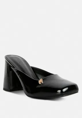 NEOPLAST Black Patent PU Block Heeled Mules