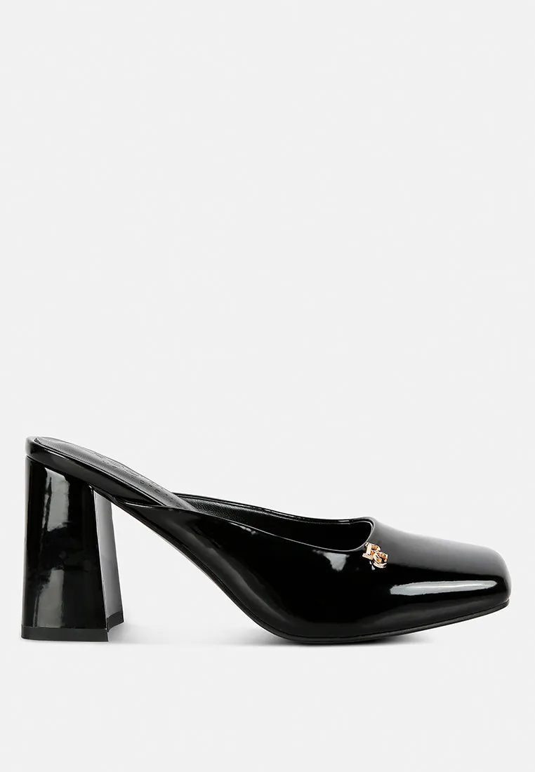 NEOPLAST Black Patent PU Block Heeled Mules