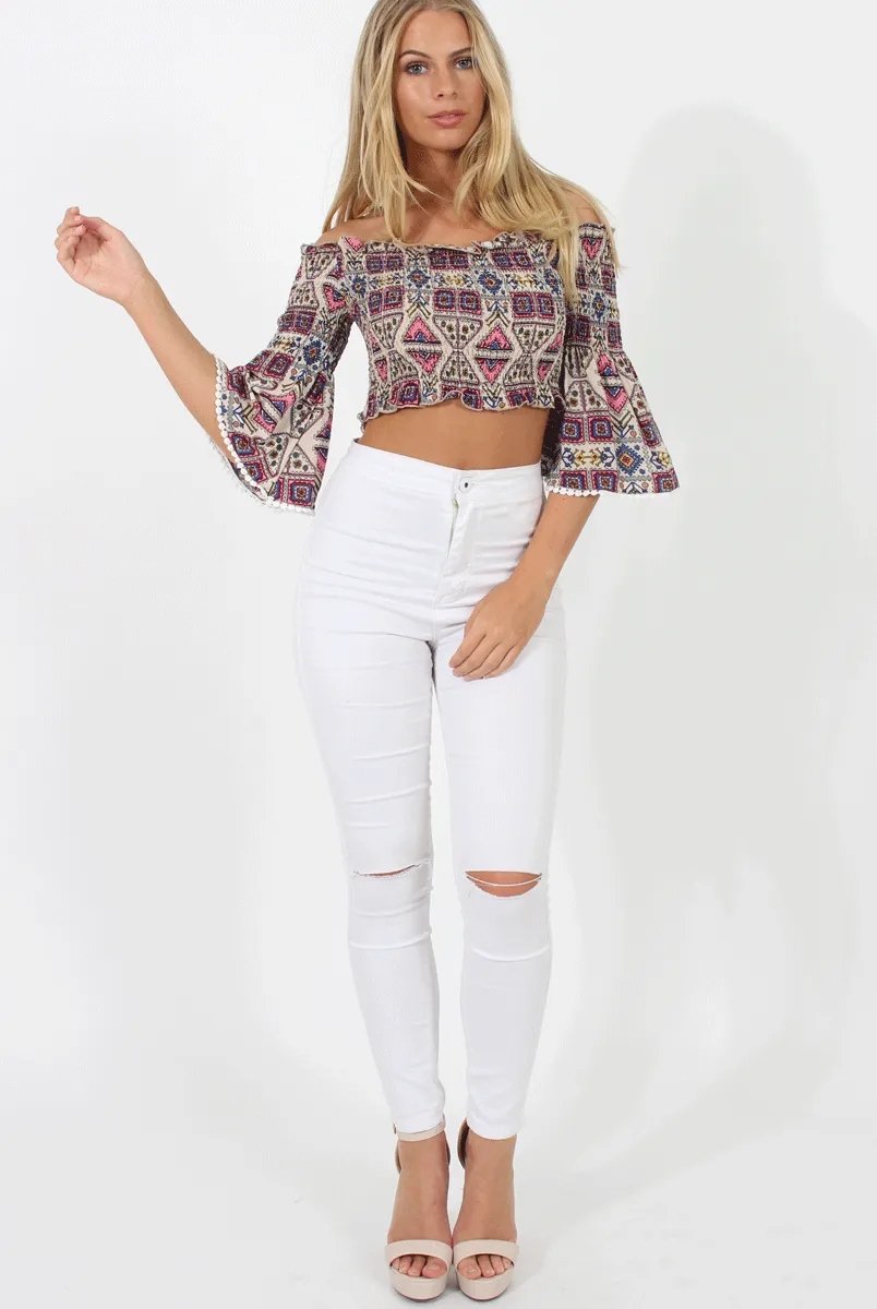 Pink and Nude Aztec Bardot Crop Top - Ela