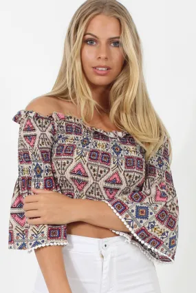 Pink and Nude Aztec Bardot Crop Top - Ela