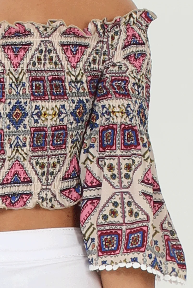 Pink and Nude Aztec Bardot Crop Top - Ela