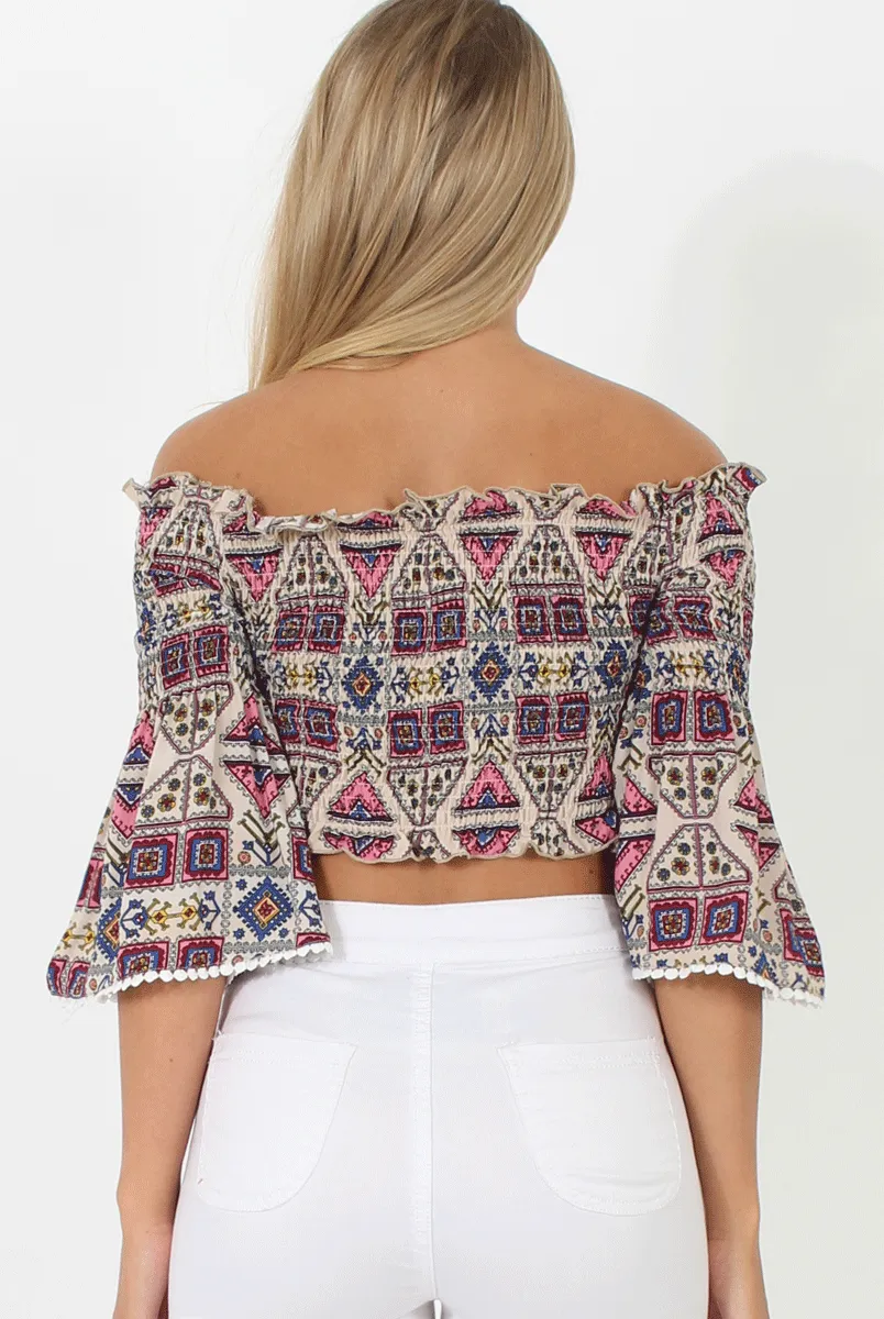 Pink and Nude Aztec Bardot Crop Top - Ela