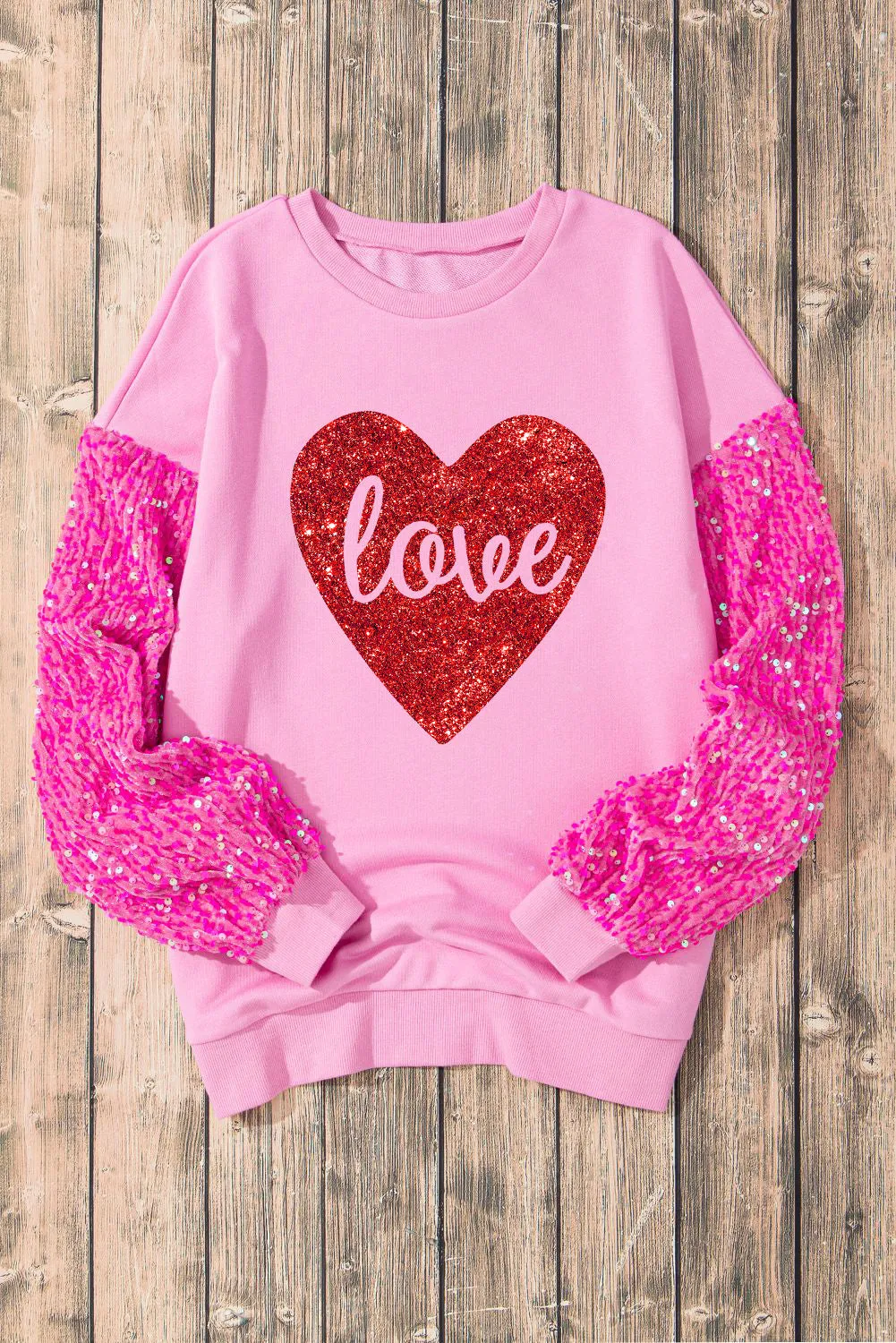 Pink Shiny Heart Shape love Print Sequined Sleeve Sweatshirt